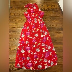 Banana Republic Red Floral Tie Neck Halter Long Sleeveless Maxi Dress M